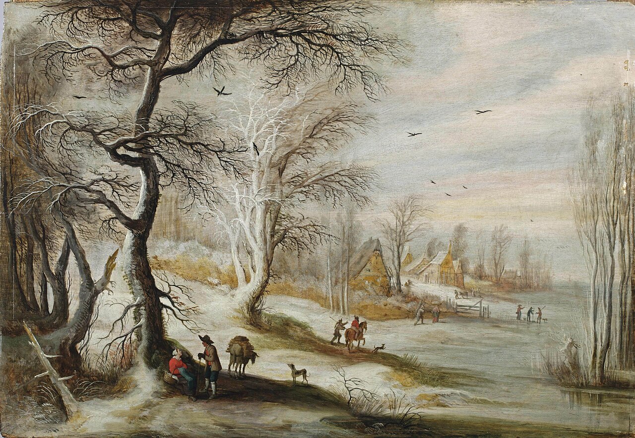 Winter landscape with a woman and woodmen on a wooded track, a village beyond von Gijsbrecht Leytens